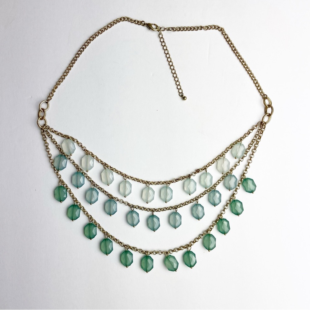 Layered Necklace Gold Tone‎ Chain Ombré Colors Aqua Green Beachy